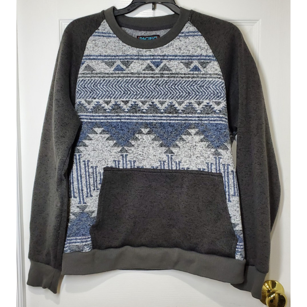 Pacific Blue Men’s Sweater Size M Gray Blue Aztec Tribal Knit Pullover Warm